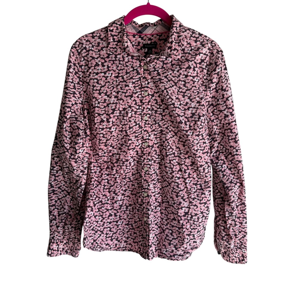 TALBOTS Pink Black Floral Roll-Tab Sleeve Ladies Button Down, 10